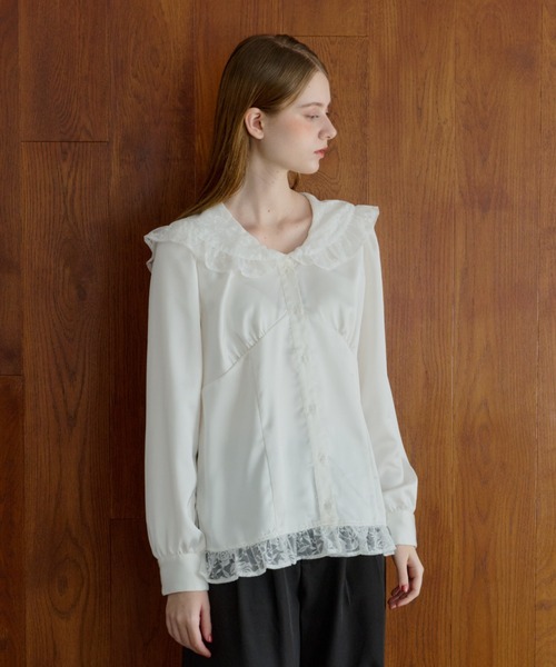 ブラウス シャツ lace collar vintage satin blouse / レースカラー