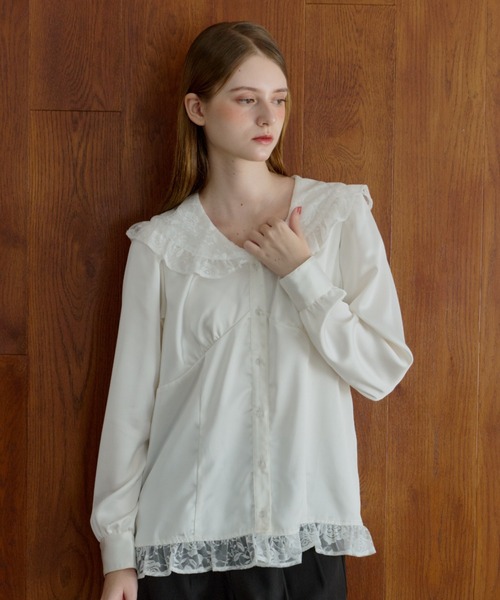 ブラウス シャツ lace collar vintage satin blouse / レースカラー