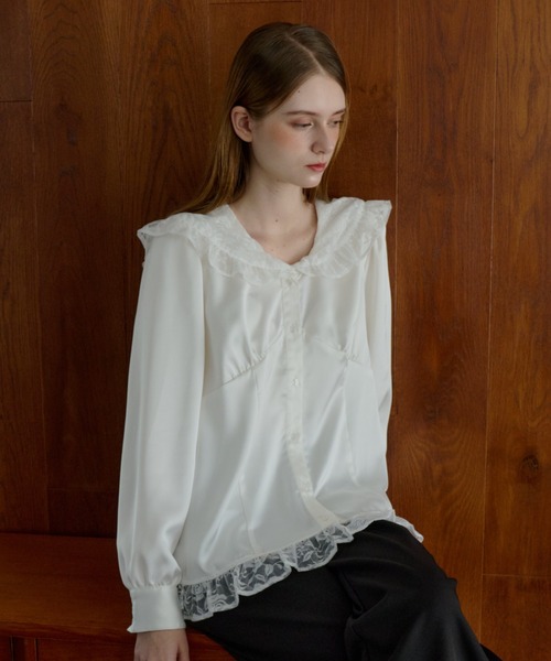 ブラウス シャツ lace collar vintage satin blouse / レースカラー