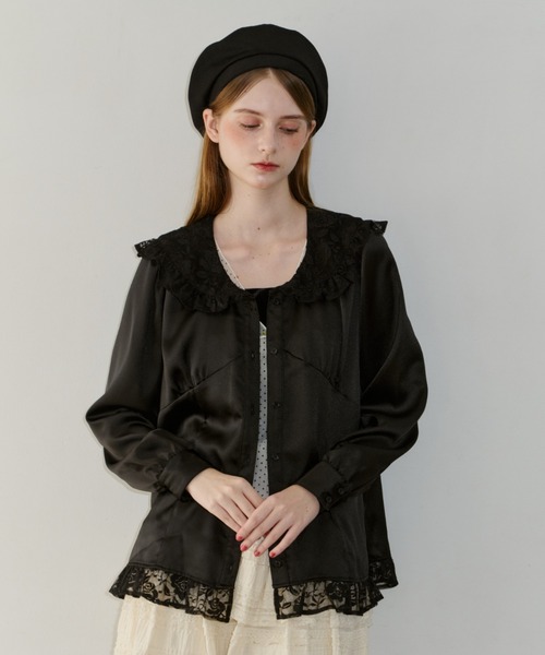 ブラウス シャツ lace collar vintage satin blouse / レースカラー 