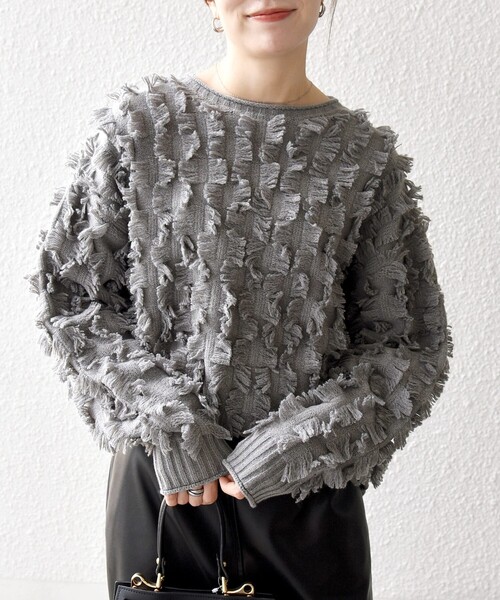 未使用 ANAYI プチビジューフリンジ プルオーバー ニット グレー SHIPS any ニット セーター any:「手洗い可能」フリンジ デザイン プル
