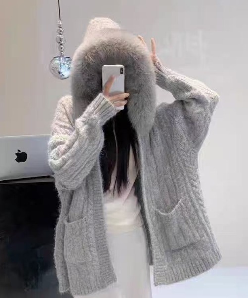 ファーコート★ダッフルコート★ガウン★ニットカーディガン★大きなサイズまで Sibra（シブラ） コート アウター ファー取り外し可 フード付きニット