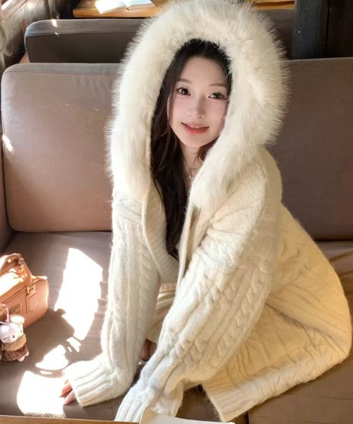 CIVAZIZE ホワイトファー付きニットガウン Sibra（シブラ） コート アウター ファー取り外し可 フード付きニット