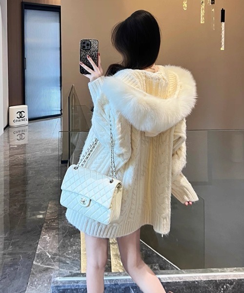 Sibra（シブラ） コート アウター ファー取り外し可 フード付きニット