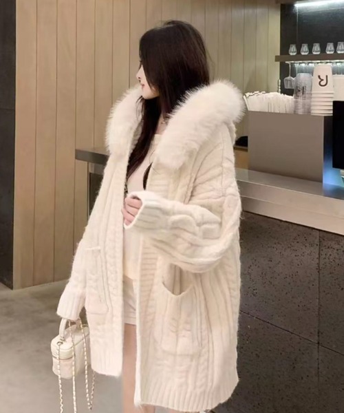 CIVAZIZE ホワイトファー付きニットガウン Sibra（シブラ） コート アウター ファー取り外し可 フード付きニット