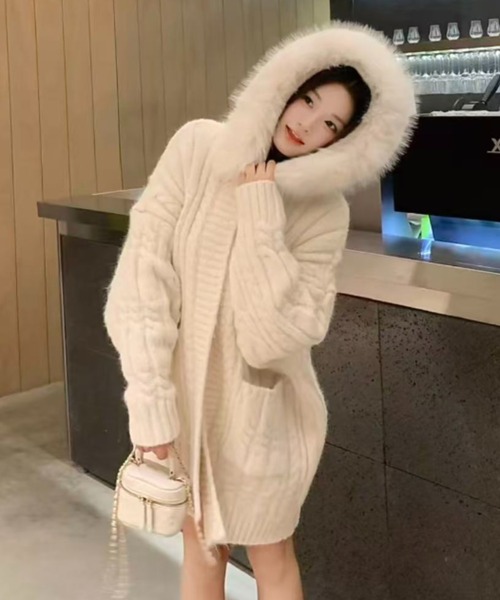 Sibra（シブラ） コート アウター ファー取り外し可 フード付きニット