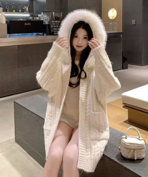 Sibra（シブラ） コート アウター ファー取り外し可 フード付きニット