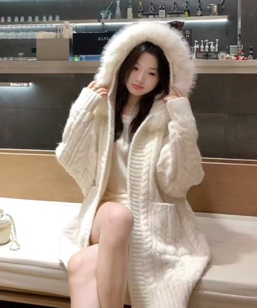 Sibra（シブラ） コート アウター ファー取り外し可 フード付きニット