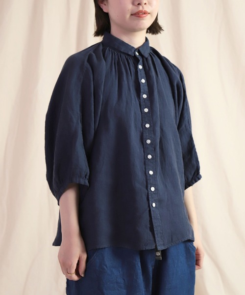 Brocante ネイビー リネン ブラウス シャツ 半袖 Brocante リネンシャツ ブラウス シャツ 「Brocante / ブロカント