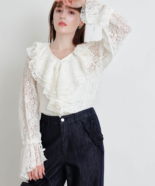 フリルブラウス PICCIN PERLA ブラウス シャツ レースフリルブラウス レディース