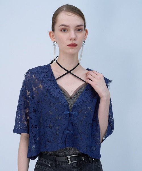 Chloe ネイビー レース ブラウス 半袖 HARE（ハレ） ブラウス シャツ 半袖 ビッグカラーチャイナレース