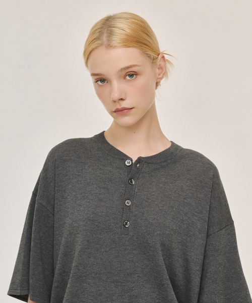 STONE  バーガンディ ヘンリーネックセーター WETTEMPT セーター ニット HIGH GAUGE HENRY NECK S/S KNIT