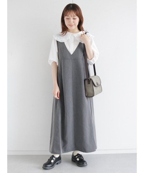 ワンピース ジャンパースカート Vネックタックジャンパースカート