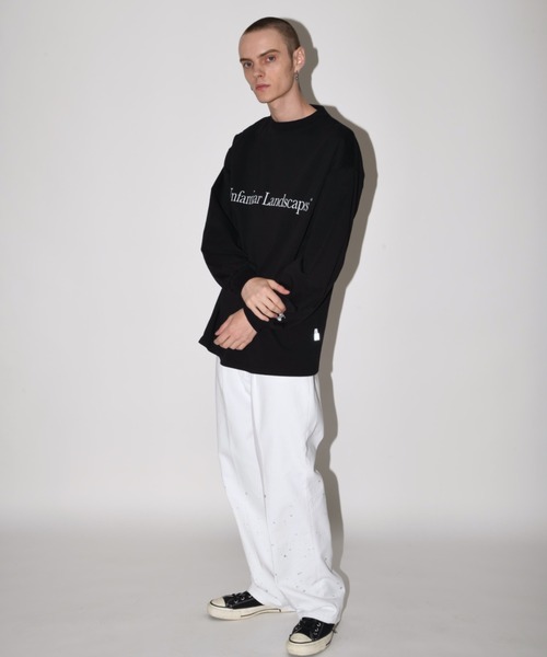 ジーンズ ウォッシュ加工センタープレス ルーズデニムパンツ（ユニセックス）Washed flared denim tuck trousers