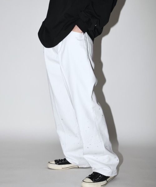 ジーンズ ウォッシュ加工センタープレス ルーズデニムパンツ（ユニセックス）Washed flared denim tuck trousers