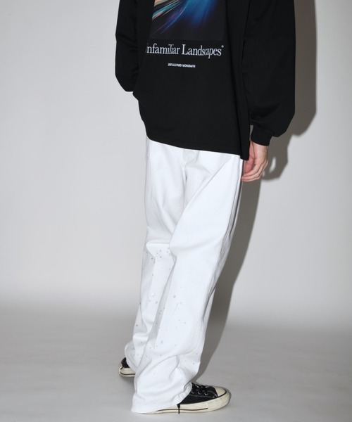 ジーンズ ウォッシュ加工センタープレス ルーズデニムパンツ（ユニセックス）Washed flared denim tuck trousers