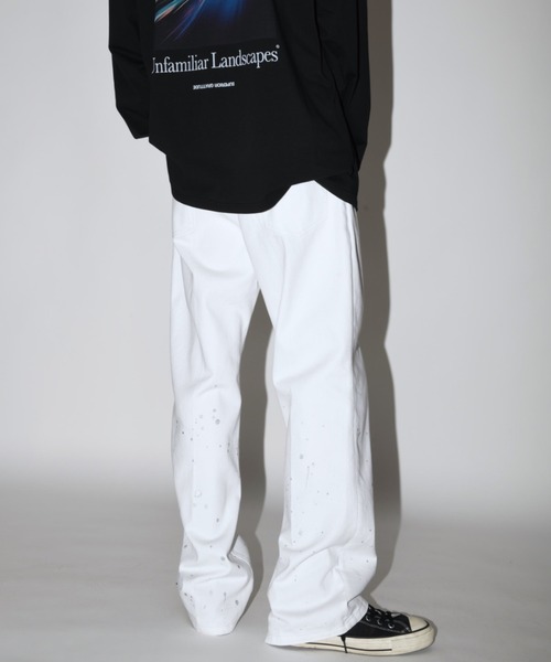 ジーンズ ウォッシュ加工センタープレス ルーズデニムパンツ（ユニセックス）Washed flared denim tuck trousers