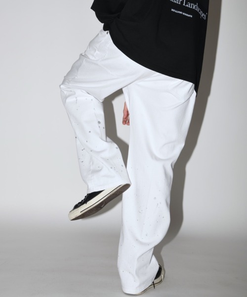 ジーンズ ウォッシュ加工センタープレス ルーズデニムパンツ（ユニセックス）Washed flared denim tuck trousers