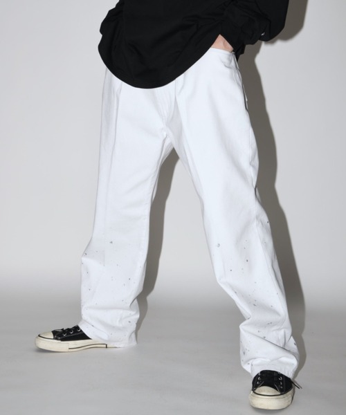 ジーンズ ウォッシュ加工センタープレス ルーズデニムパンツ（ユニセックス）Washed flared denim tuck trousers