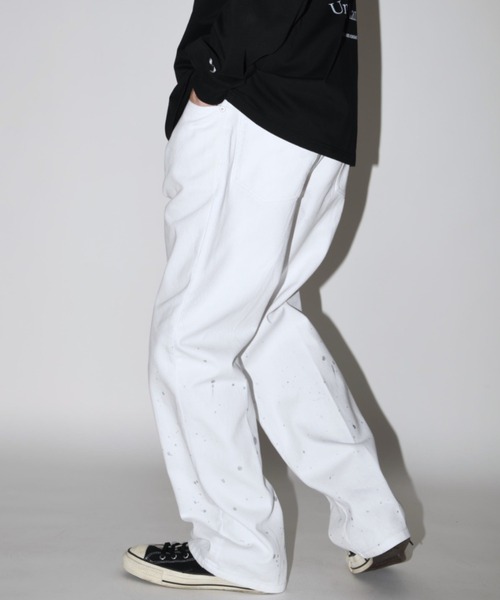ジーンズ ウォッシュ加工センタープレス ルーズデニムパンツ（ユニセックス）Washed flared denim tuck trousers