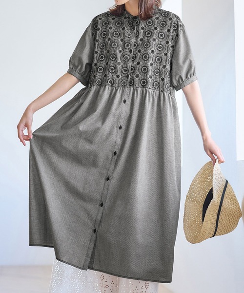 Viola e ワンピース サークル刺しゅう5分袖シャツワンピース
