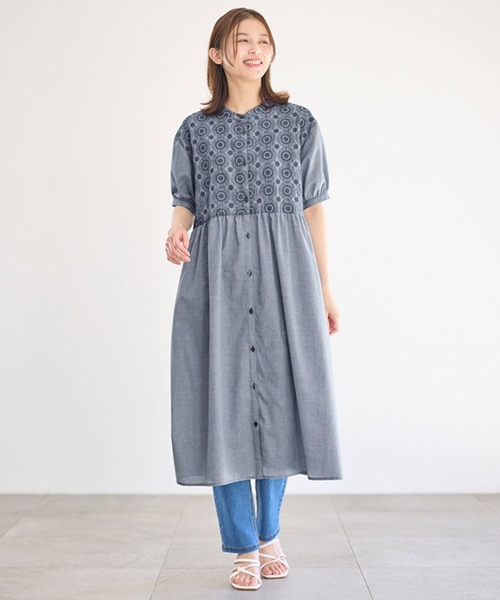 Viola e ワンピース サークル刺しゅう5分袖シャツワンピース