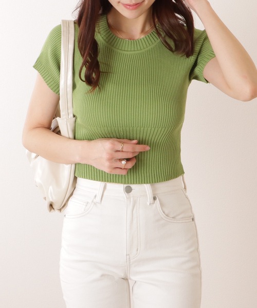 Lace Ladies ニット セーター ソリッドカラー 切替 リブ 半袖