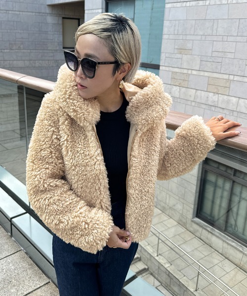 ユニセックス ブルゾン ジャケット ファー付 ルーズカジュアル LUXSTYLE ブルゾン アウター フェイクファーバックロゴZIP