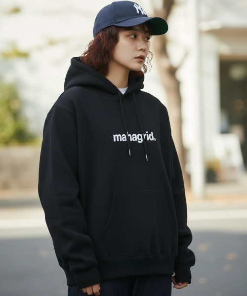 mahagrid フーディー パーカー ロゴ マハグリッド アップリケ ブラック mahagrid/マハグリッド』APPLIQUE ZIP UP HOODIE/アップリケデザイン