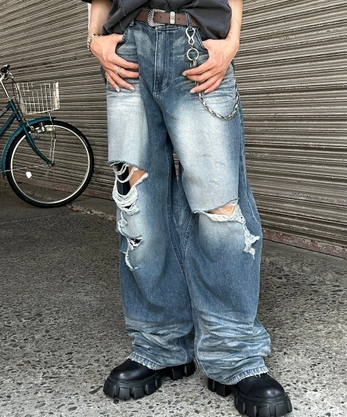 Chikashitsu +」 ダメージ加工デニムパンツ M ブルー メンズ 