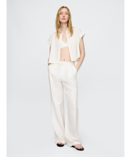 ブラウス シャツ リネン混 クロップド フロントタイ シャツ レディース GAP ブラウス シャツ リネン混 クロップドシャツ レディース