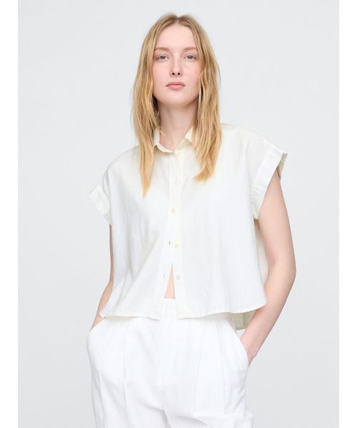 ブラウス シャツ リネン混 クロップド フロントタイ シャツ レディース GAP ブラウス シャツ リネン混 クロップドシャツ レディース