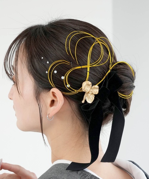 utatane 髪飾り 6点セット ベルベットリボン＆水引＆パール＆ゴールド