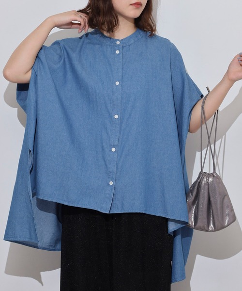 ブラウス シャツ Anna Nicola ライトデニムフレアロングブラウス　ノーカラー アシンメトリー バックロング フィッシュテール レディース