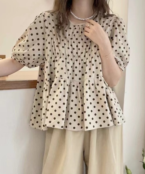FAVORITO ブラウス シャツ 半袖 ドット柄クルーネックトップス