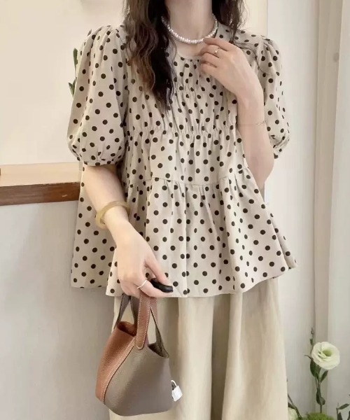 FAVORITO ブラウス シャツ 半袖 ドット柄クルーネックトップス