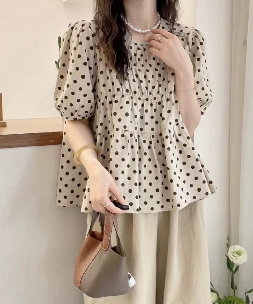 FAVORITO ブラウス シャツ 半袖 ドット柄クルーネックトップス