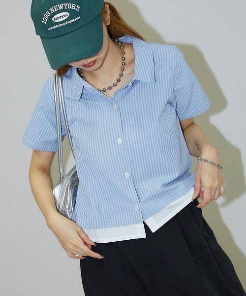 ブラウス シャツ PUBLUX/パブリュクス レイヤード風 裾切り替え クロップド デザインシャツ レディース