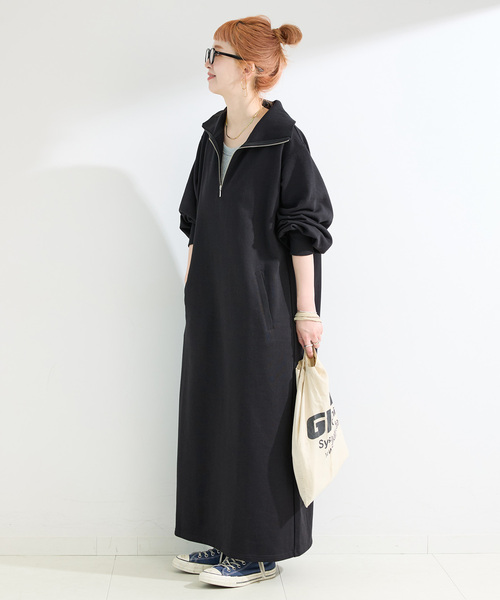 Plantation／PO スーパー裏毛／ワンピース／Ｍサイズ／ブラック ワンピース 「洗濯機で洗える」喪服/アシンメトリーボウタイデザイン