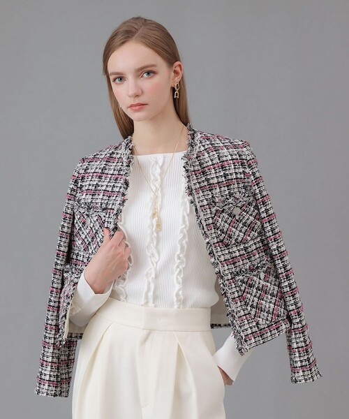 ANAYI ピンク ノーカラージャケット ANAYI（アナイ） ジャケット ノーカラージャケット ピンクミックス