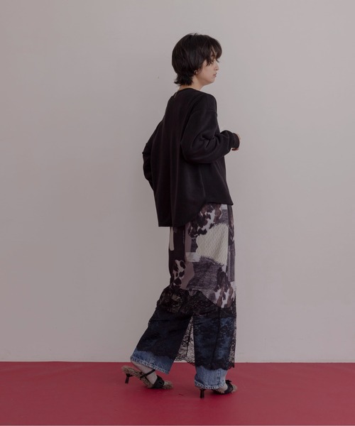 Eimee Law カウ柄デニムコラージュptヘムレースタイトスカート Eimee Law（エイミーロウ） ロング スカート カウ柄デニムコラージュpt