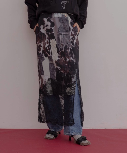 Eimee Law（エイミーロウ） スカート カウ柄デニムコラージュptヘム