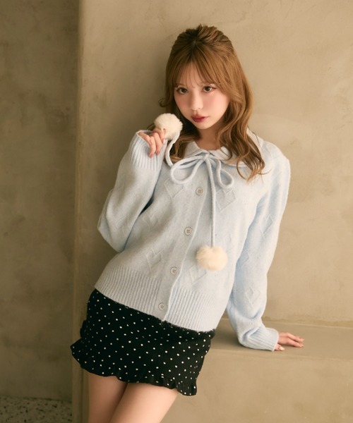 TITTY&CO. ポンポン付きハート編みニット TITTY＆CO.（ティティーアンドコー） カーディガン ポンポン付きハート