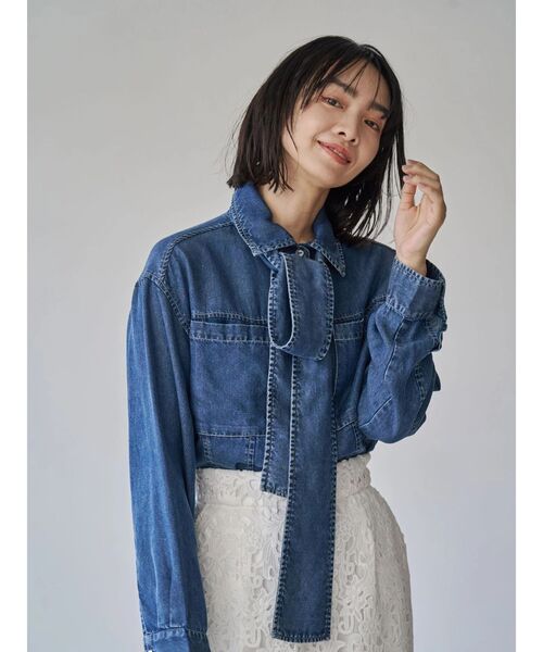 美品 FENNEL フェンネル ボウタイリボン デニムシャツ ブラウス 春夏 美品 FENNEL フェンネル ボウタイリボン デニムシャツ ブラウス 春夏
