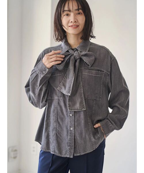 美品 FENNEL フェンネル ボウタイリボン デニムシャツ ブラウス 春夏 美品 FENNEL フェンネル ボウタイリボン デニムシャツ ブラウス 春夏