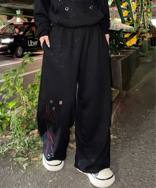 ワイドパンツ スウェットパンツ ジャージ グリッターアイレット
