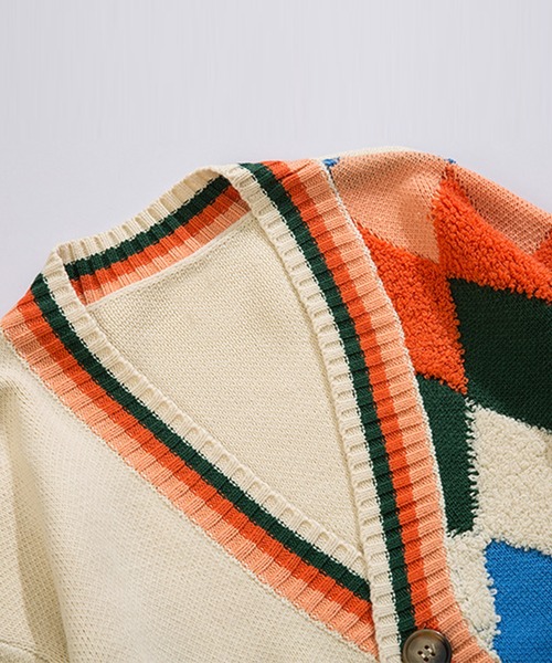 カーディガン 「HOOK」アシンメトリー カラフルなアーガイル幾何学模様