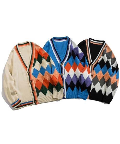 カーディガン 「HOOK」アシンメトリー カラフルなアーガイル幾何学模様