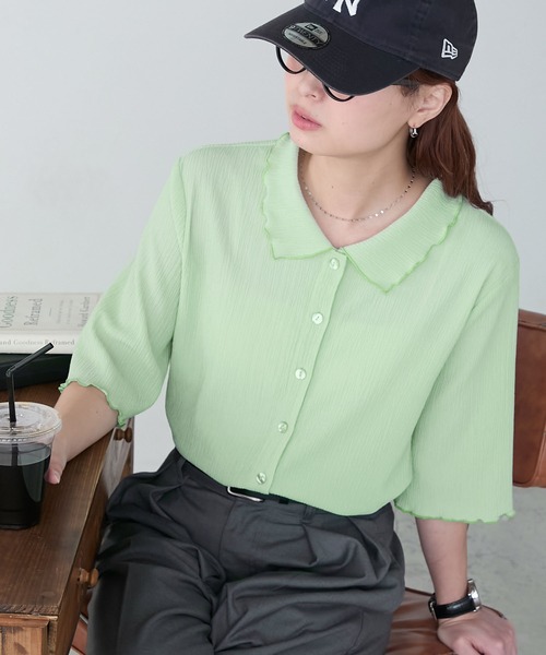 BONLECILL ブラウス シャツ 配色メロー楊柳5分袖シャツブラウス