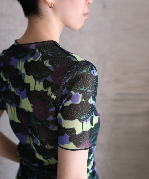 tシャツ FLORAL STRECH TULL H/S TOP レディース Tシャツ レディース 春秋冬 長袖 ロング丈 丸首 ドロショル